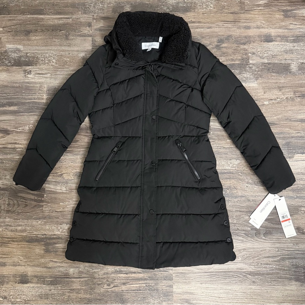 NWT Calvin Klein Women’s Black Puffer Coat Sherpa Collar Detachable Hood Sz XSP